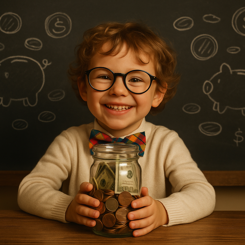 A cute child wearing glasses and a bow tie holding a clear jar filled with money, sitting at a wooden table. The background is a simple dark wall with faint chalk doodles of coins, piggy banks, and dollar symbols, classroom-style.