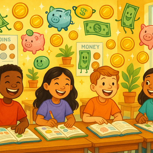 Illustration of happy diverse kids sitting at desks with colorful worksheets and books, surrounded by playful money symbols like coins, piggy banks, and dollar bills. Bright classroom setting.
