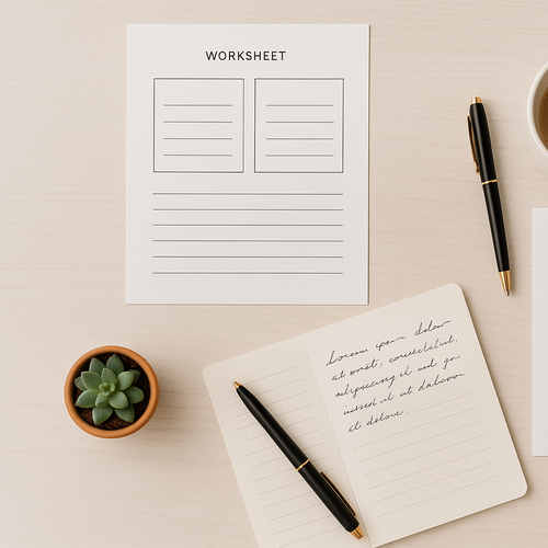 Minimalist flat-lay design with open worksheets, checklists, and notes on a light desk background with pens and coffee, styled in calm neutral colors.
